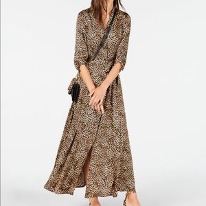 INC Brown Animal Print Maxi Tab sleeve Shirtdress - Size 16